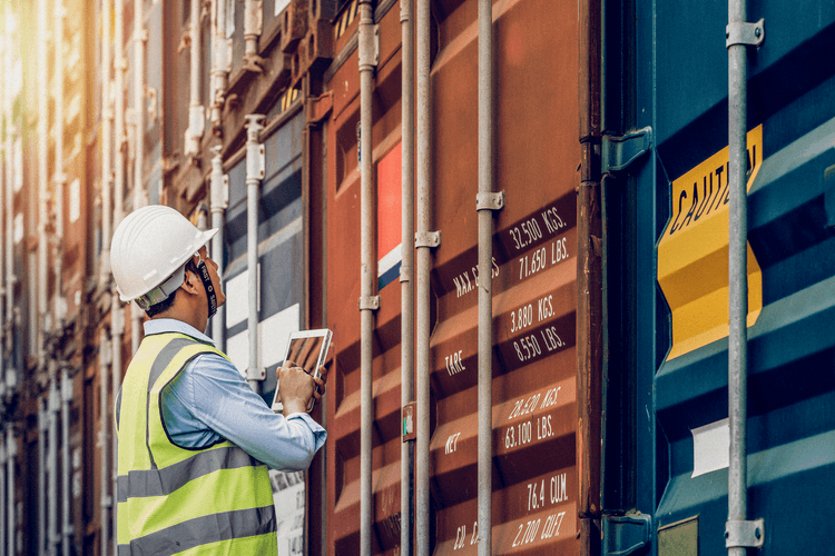 A person in a hard hat and high-visibility vest inspects shipping containers with a tablet, likely for logistics or safety checks at a port facility.